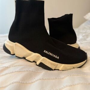 Balenciaga Black Knit Sock Sneakers with Off-White Sole